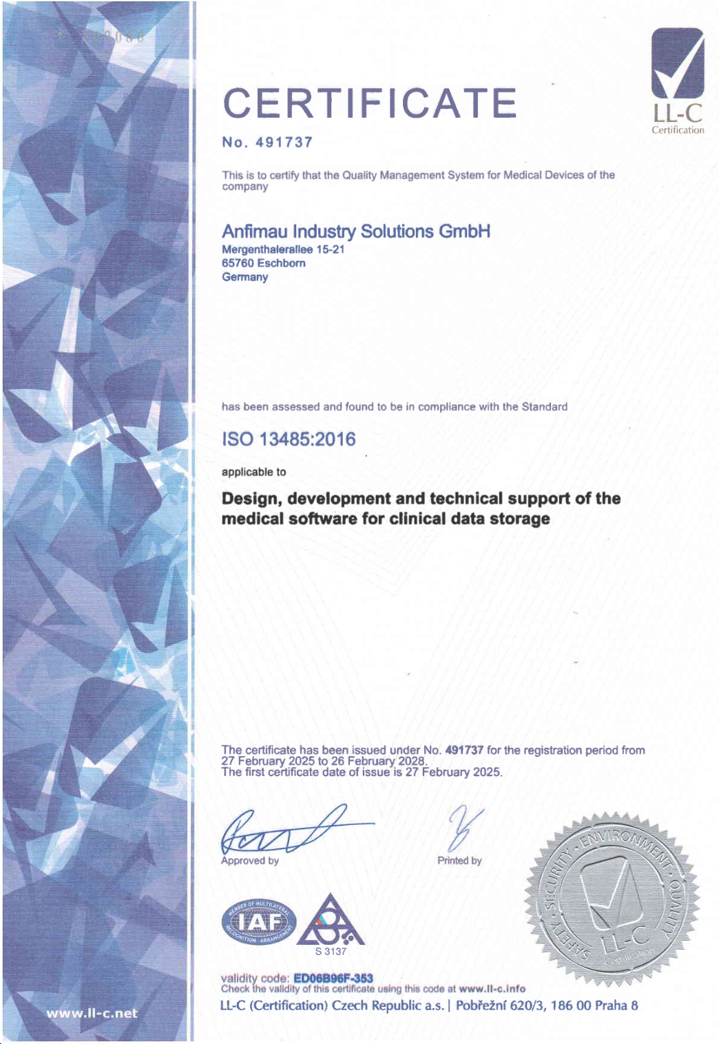 LL-C ISO 13485:2016 Certificate