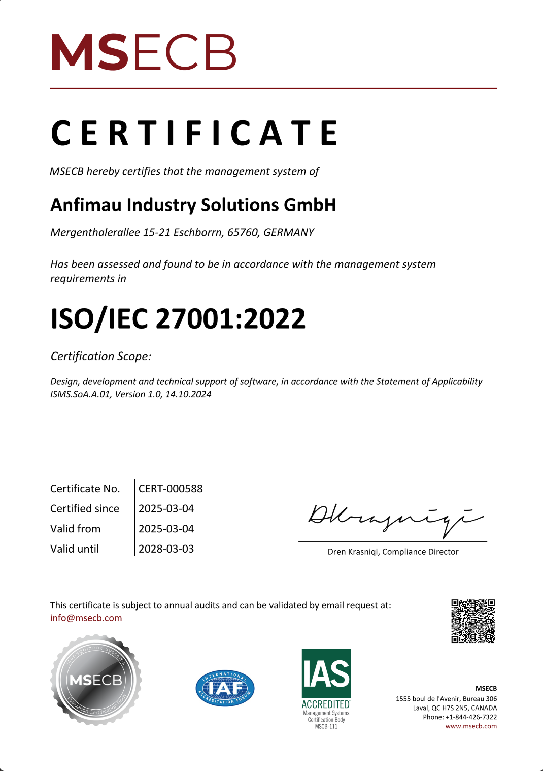 MSECB ISO 27001:2022 Certificate
